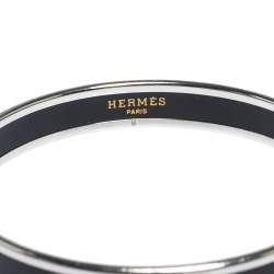 Pre Owned Hermes Caleche Black Enamel Palladium Plated Bangle Bracelet