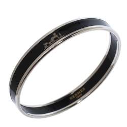 Pre Owned Hermes Caleche Black Enamel Palladium Plated Bangle Bracelet