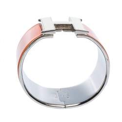 Pre Owned Hermes Clic Clac H Orange Enamel Palladium Plated Extra Wide Bracelet PM