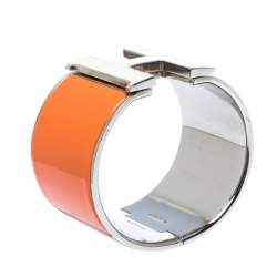 Pre Owned Hermes Clic Clac H Orange Enamel Palladium Plated Extra Wide Bracelet PM