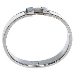 Pre Owned Hermes Clic H White Enamel Palladium Plated Narrow Bracelet PM