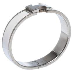 Pre Owned Hermes Clic H White Enamel Palladium Plated Narrow Bracelet PM