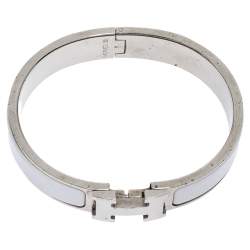 Pre Owned Hermes Clic H White Enamel Palladium Plated Narrow Bracelet PM