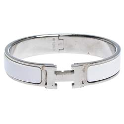 Pre Owned Hermes Clic H White Enamel Palladium Plated Narrow Bracelet PM