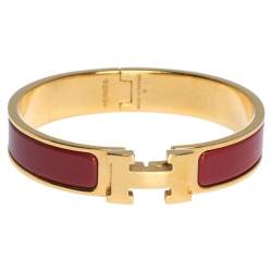 Pre Owned Hermes Clic H Rouge Enamel Gold Plated Narrow Bracelet PM