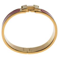 Pre Owned Hermes Clic H Rouge Enamel Gold Plated Narrow Bracelet PM