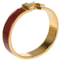 Pre Owned Hermes Clic H Rouge Enamel Gold Plated Narrow Bracelet PM