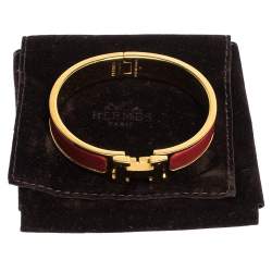 Pre Owned Hermes Clic H Rouge Enamel Gold Plated Narrow Bracelet PM