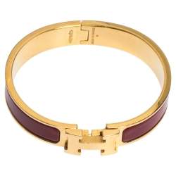 Pre Owned Hermes Clic H Rouge Enamel Gold Plated Narrow Bracelet PM