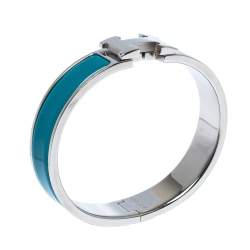 Pre Owned Hermès Clic H Blue Enamel Palladium Plated Narrow Bracelet PM