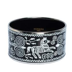 Pre Owned Hermes Black and White Enamel Palladium Plated Extra Wide Bangle Bracelet