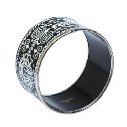Pre Owned Hermes Black and White Enamel Palladium Plated Extra Wide Bangle Bracelet