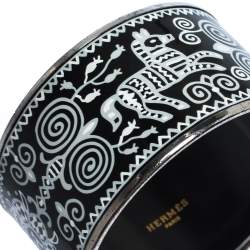Pre Owned Hermes Black and White Enamel Palladium Plated Extra Wide Bangle Bracelet