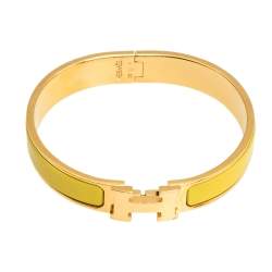 Pre Owned Hermès Clic H Yellow Enamel Gold Plated Narrow Bracelet GM
