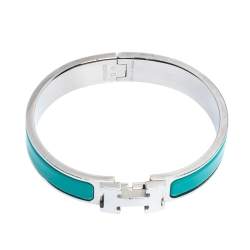 Pre Owned Hermès Clic H Green Enamel Palladium Plated Narrow Bracelet PM