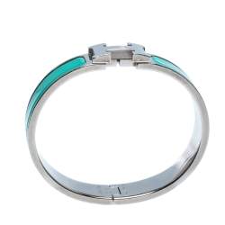Pre Owned Hermès Clic H Green Enamel Palladium Plated Narrow Bracelet PM