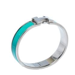 Pre Owned Hermès Clic H Green Enamel Palladium Plated Narrow Bracelet PM