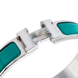 Pre Owned Hermès Clic H Green Enamel Palladium Plated Narrow Bracelet PM