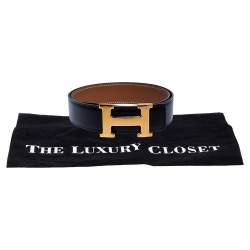 Pre Owned Hermes Black/Brown Leather Constance Reversible Buckle Belt 80CM