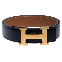 Pre Owned Hermes Black/Brown Leather Constance Reversible Buckle Belt 80CM