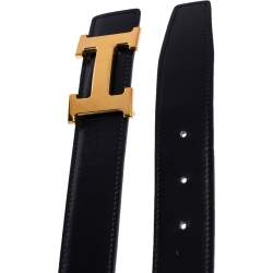 Pre Owned Hermes Black/Brown Leather Constance Reversible Buckle Belt 80CM