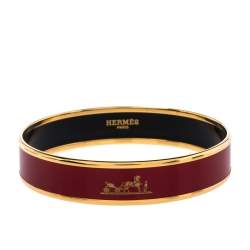 Pre Owned Hermes Caleche Red Enamel Gold Plated Bangle Bracelet