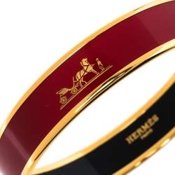 Pre Owned Hermes Caleche Red Enamel Gold Plated Bangle Bracelet