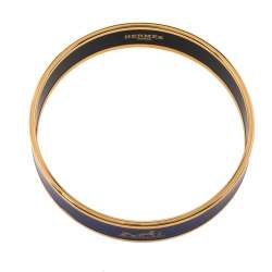 Pre Owned Hermes Caleche Blue Enamel Gold Plated Narrow Bangle Bracelet