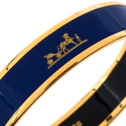 Pre Owned Hermes Caleche Blue Enamel Gold Plated Narrow Bangle Bracelet