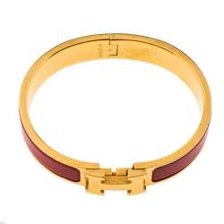 Pre Owned Hermes Clic H Red Enamel Gold Plated Narrow Bracelet PM