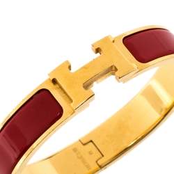 Pre Owned Hermes Clic H Red Enamel Gold Plated Narrow Bracelet PM