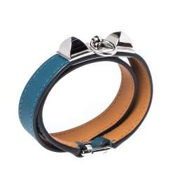 Pre Owned Hermes Rivale Teal Green Leather Double Tour Bracelet XS