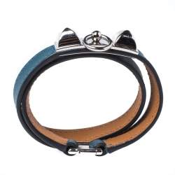 Pre Owned Hermes Rivale Teal Green Leather Double Tour Bracelet XS