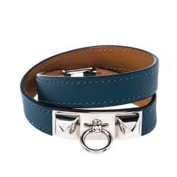 Pre Owned Hermes Rivale Teal Green Leather Double Tour Bracelet XS