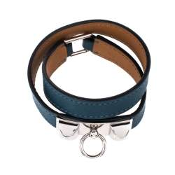 Pre Owned Hermes Rivale Teal Green Leather Double Tour Bracelet XS