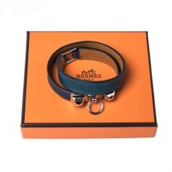 Pre Owned Hermes Rivale Teal Green Leather Double Tour Bracelet XS