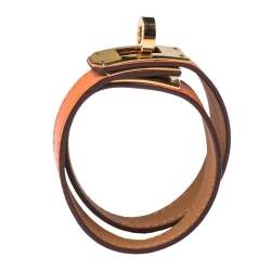 Pre Owned Hermes Kelly Orange Leather Double Tour Wrap Bracelet M