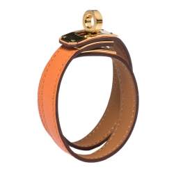 Pre Owned Hermes Kelly Orange Leather Double Tour Wrap Bracelet M