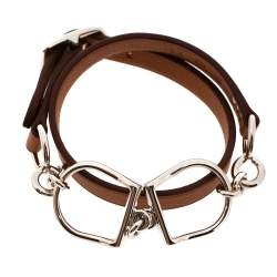 Pre Owned Hermès Brown Leather Etrier Double Tour Bracelet T1