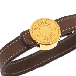 Pre Owned Hermes Brown Leather Looping Gold Plated Bracelet M