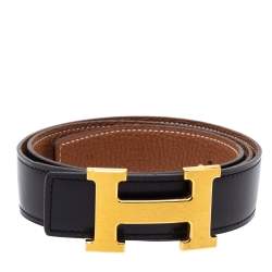 Pre Owned Hermes Black/Brown Leather Constance Reversible Buckle Belt 80CM