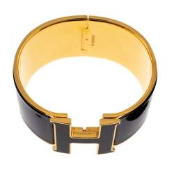 Hermes Clic Clac H Black Enamel Gold Plated Extra Wide Bracelet GM