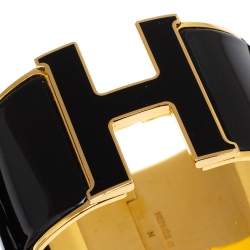 Hermes Clic Clac H Black Enamel Gold Plated Extra Wide Bracelet GM