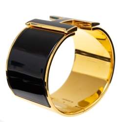 Hermes Clic Clac H Black Enamel Gold Plated Extra Wide Bracelet GM