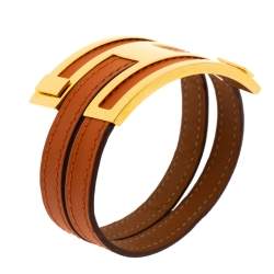 Pre Owned Hermes Pousse Pousse Orange Leather Gold Plated Adjustable H Bracelet