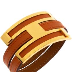 Pre Owned Hermes Pousse Pousse Orange Leather Gold Plated Adjustable H Bracelet