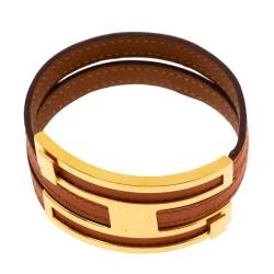 Pre Owned Hermes Pousse Pousse Orange Leather Gold Plated Adjustable H Bracelet