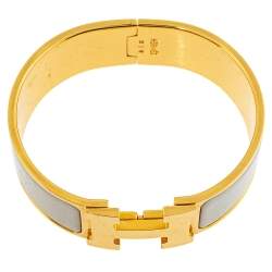 Pre Owned Hermès Clic Clac H Cream Enamel Gold Plated Wide Bracelet PM