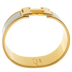 Pre Owned Hermès Clic Clac H Cream Enamel Gold Plated Wide Bracelet PM