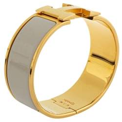 Pre Owned Hermès Clic Clac H Cream Enamel Gold Plated Wide Bracelet PM